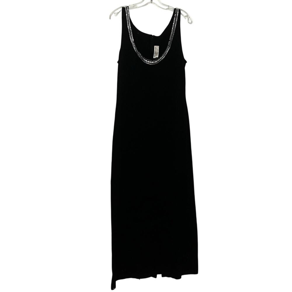 St. John Evening Knit Maxi Dress Black Rhinestone Collar Vintage 90s Maxi